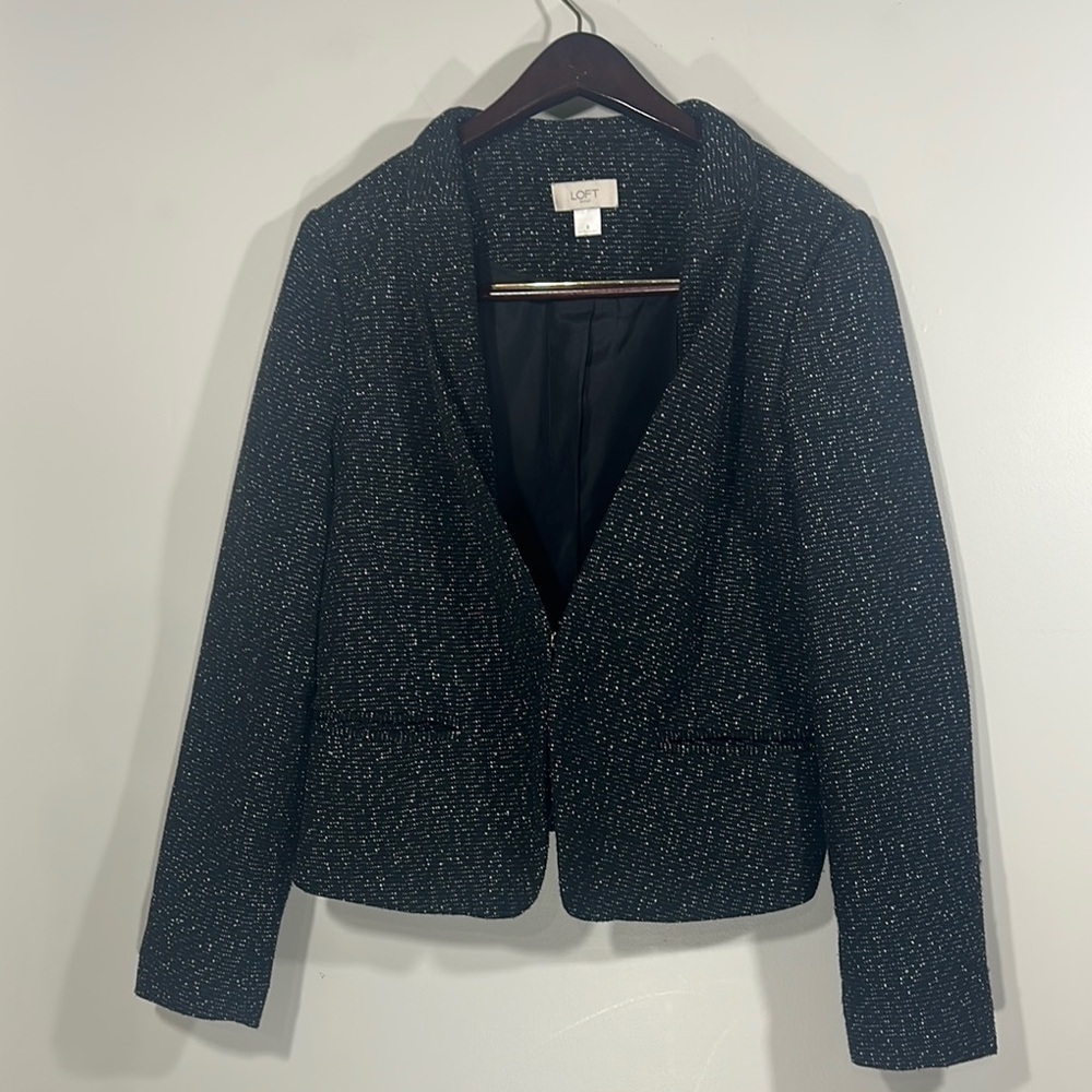 LOFT Black Textured Twill Blazer with Lapels and Closure
